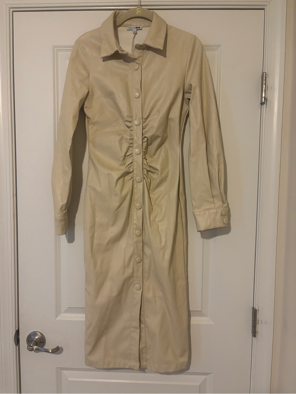 Fashion Nova Cream Faux Leather Button-Up Dress